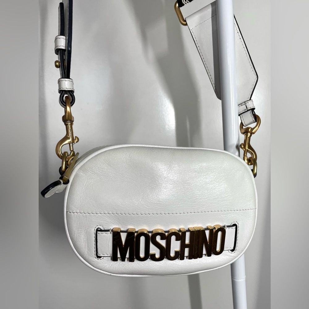 Authentic Moschino Logo Embellished White Leather Bag